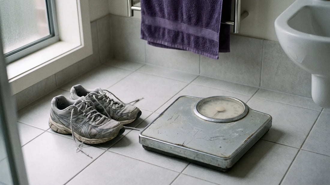 Waage und getragene Laufschuhe im Morgenlicht als Sinnbild für ausbleibenden Gewichtsverlust trotz Sport