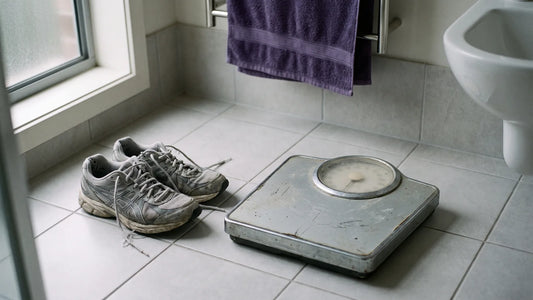Waage und getragene Laufschuhe im Morgenlicht als Sinnbild für ausbleibenden Gewichtsverlust trotz Sport