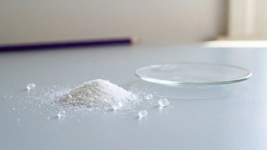 Feines weißes Kristallpulver auf mattem Untergrund als Sinnbild für Myo-Inositol und die Studienlage zur Schilddrüse