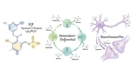 Vitamin B6 Pyridoxal-5-Phosphat P5P Molekülstruktur mit Aminosäure-Stoffwechsel und Neurotransmitter-Synthese
