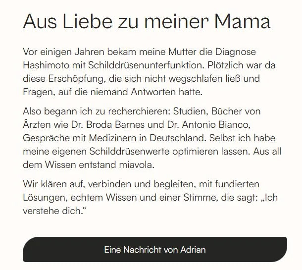 Miavolas Über-uns-Seite heute: „Aus Liebe zu meiner Mama“.