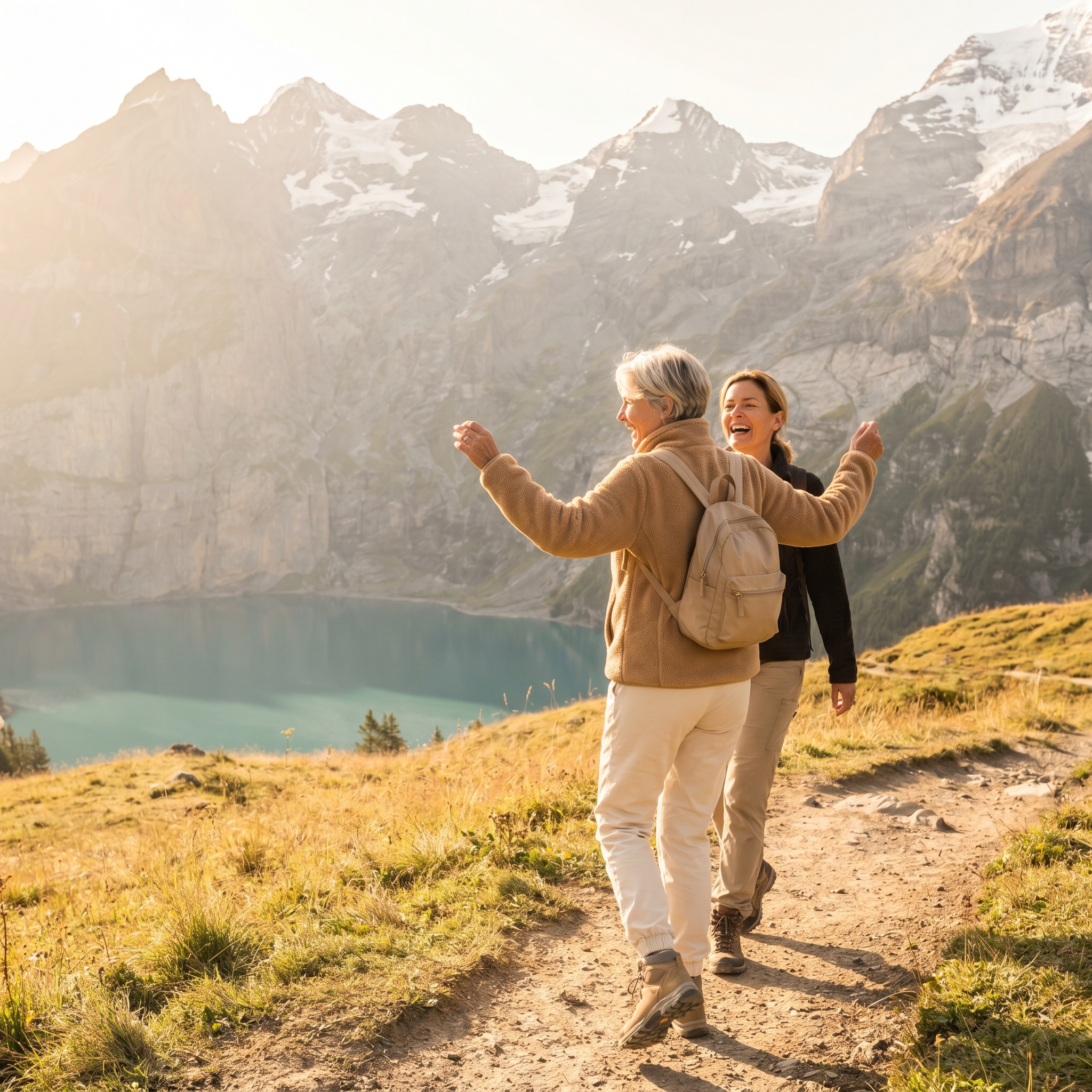 Zwei Frauen wandern in den Schweizer Alpen