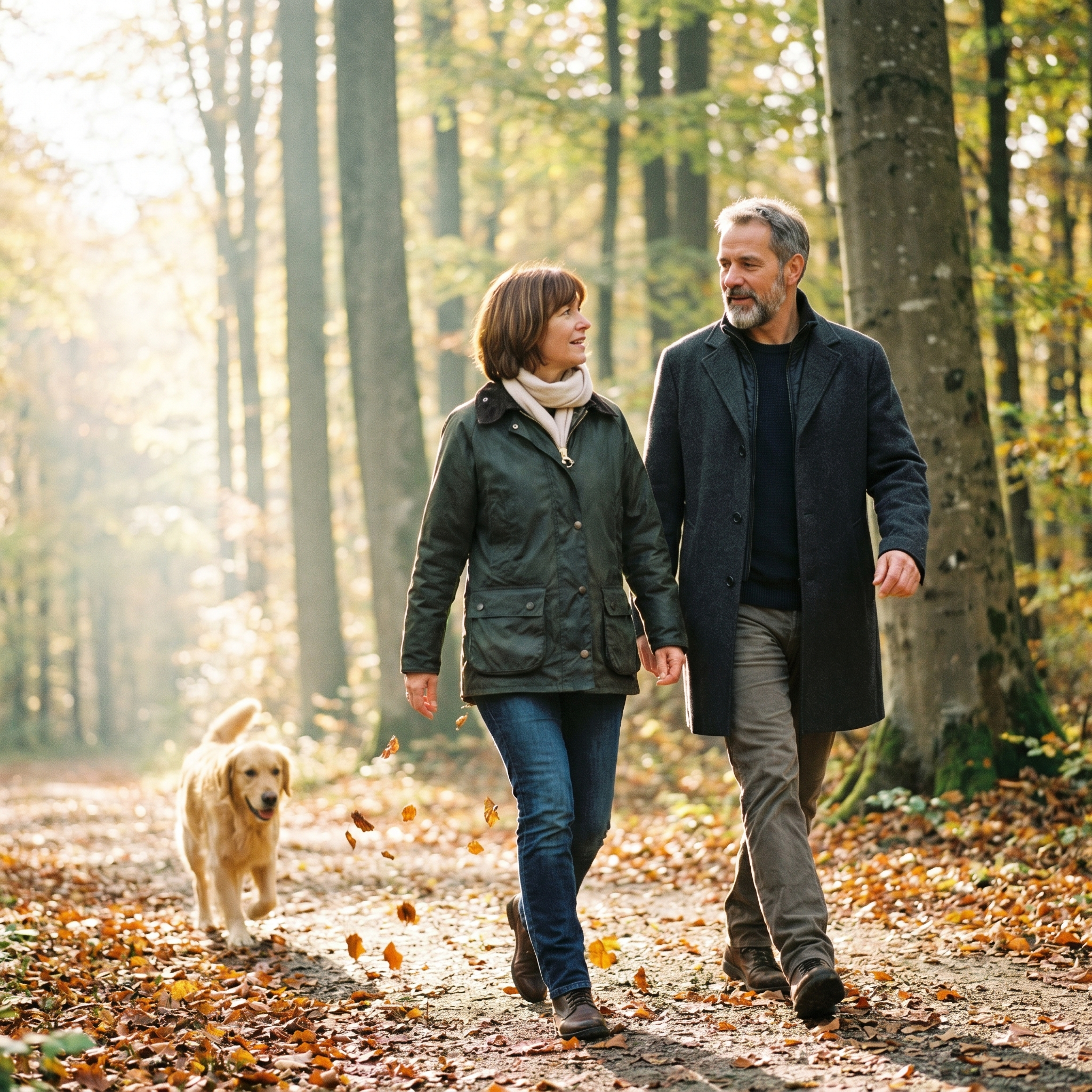 Paar mit Hund im Herbstwald