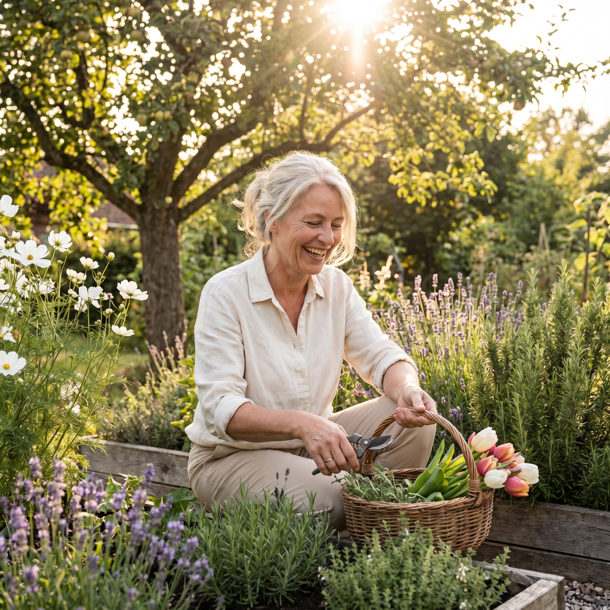 Frau schneidet Blumen im Garten