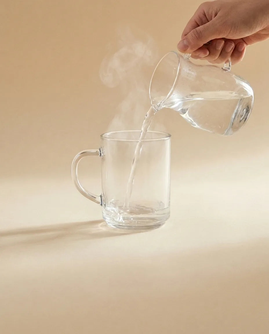Hand giesst heisses Wasser in eine Glastasse, Nachtruhe Zubereitung Schritt 1