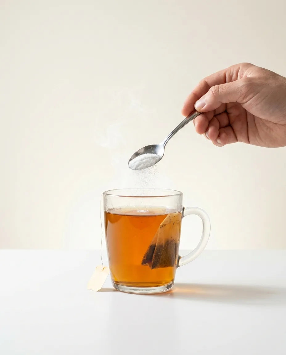 Nachtruhe Pulver wird in eine Tasse Tee eingerührt