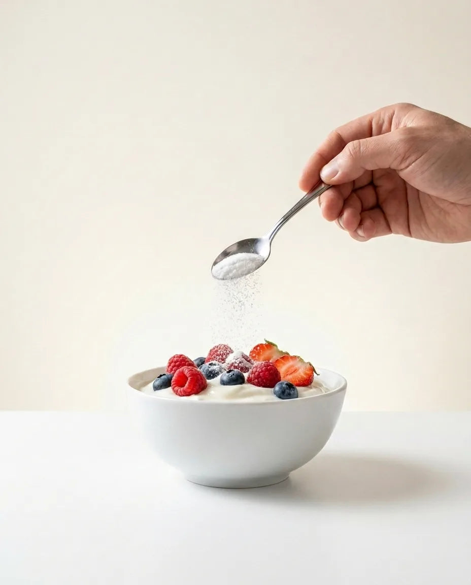 Nachtruhe Pulver wird über Joghurt mit Früchten gestreut