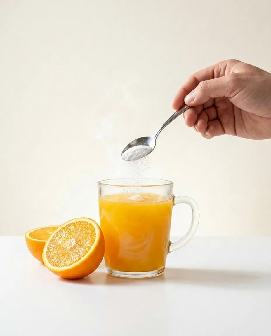 Nachtruhe Pulver wird in ein Glas Orangensaft eingerührt