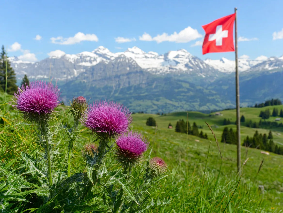 Mariendistel in Schweizer Alpwiese mit Schweizer Flagge und Bergpanorama